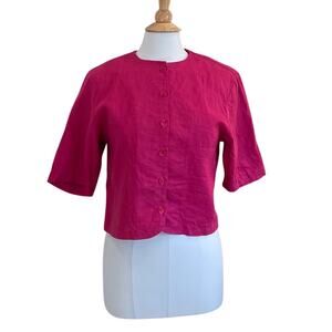 Vintage Bright Pink Short Sleeve Button Down Cropped Linen Jacket/Blazer Size 10